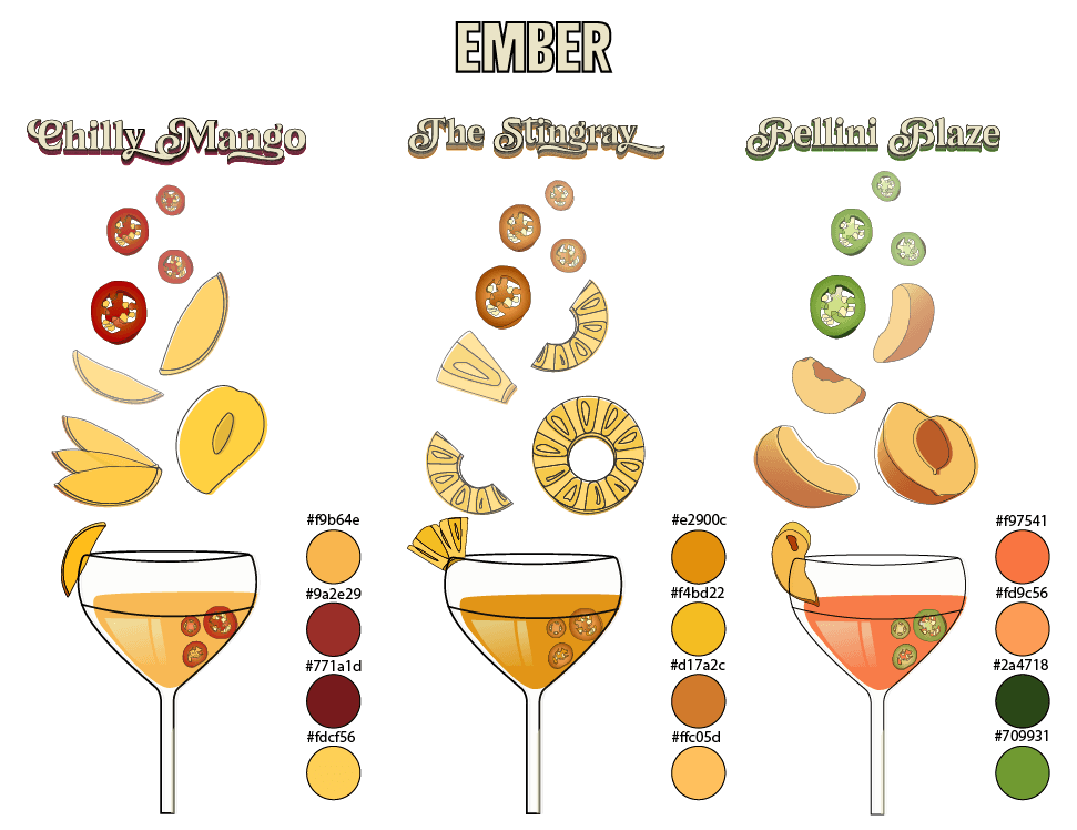 Ember brand visual assets — drink concepts and color palettes
