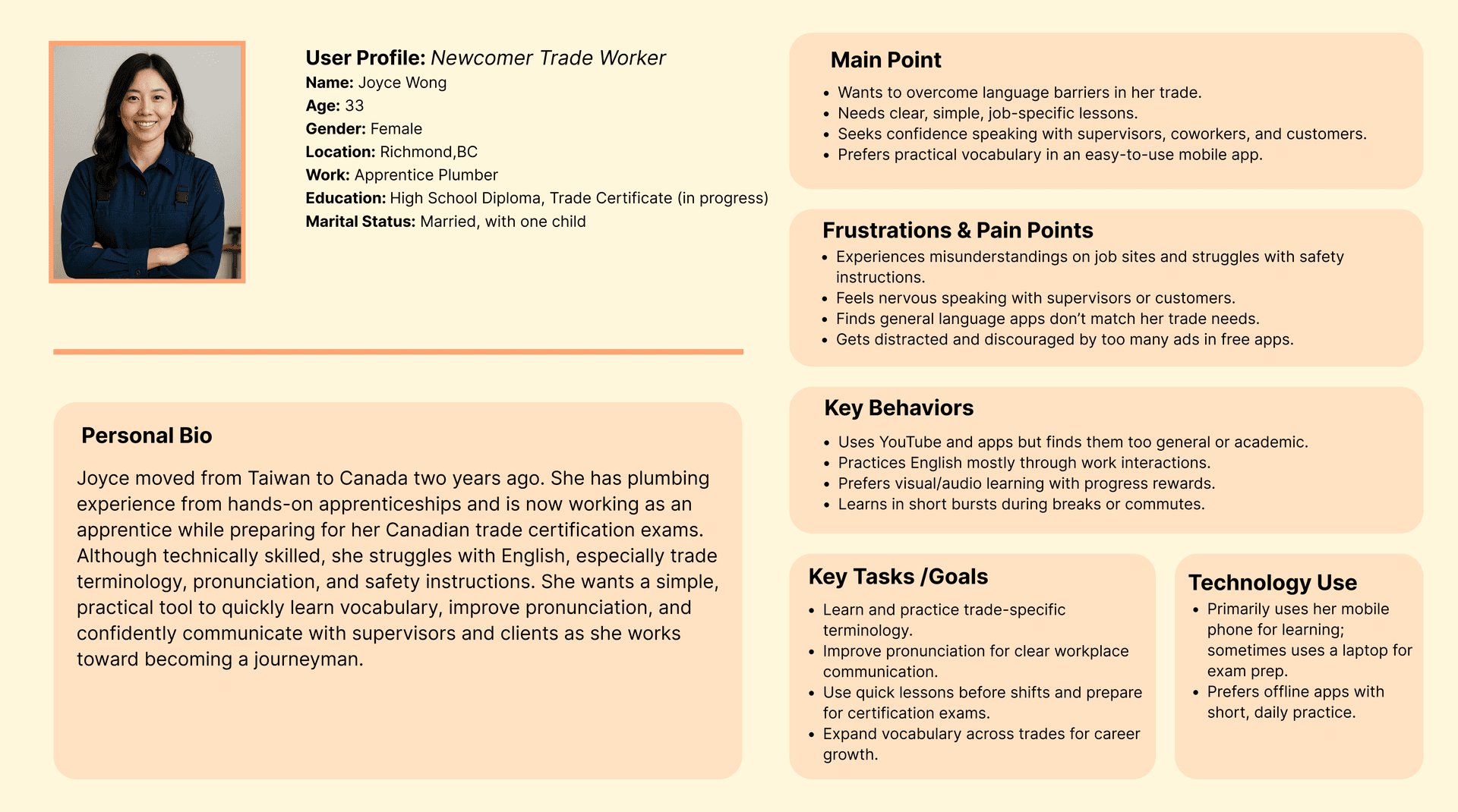 User persona 1 - Joyce Wong, Newcomer Trade Worker