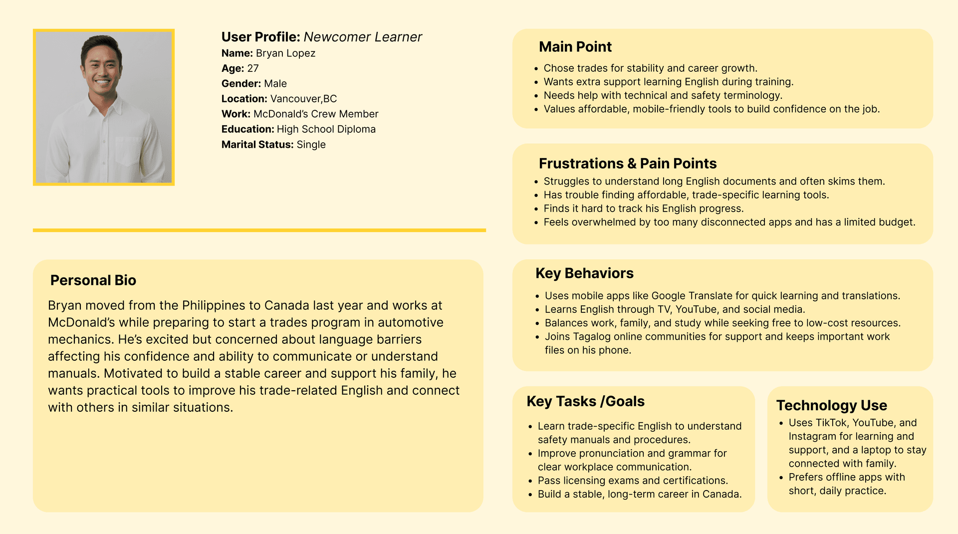 User persona 2 - Bryan Lopez, Newcomer Learner